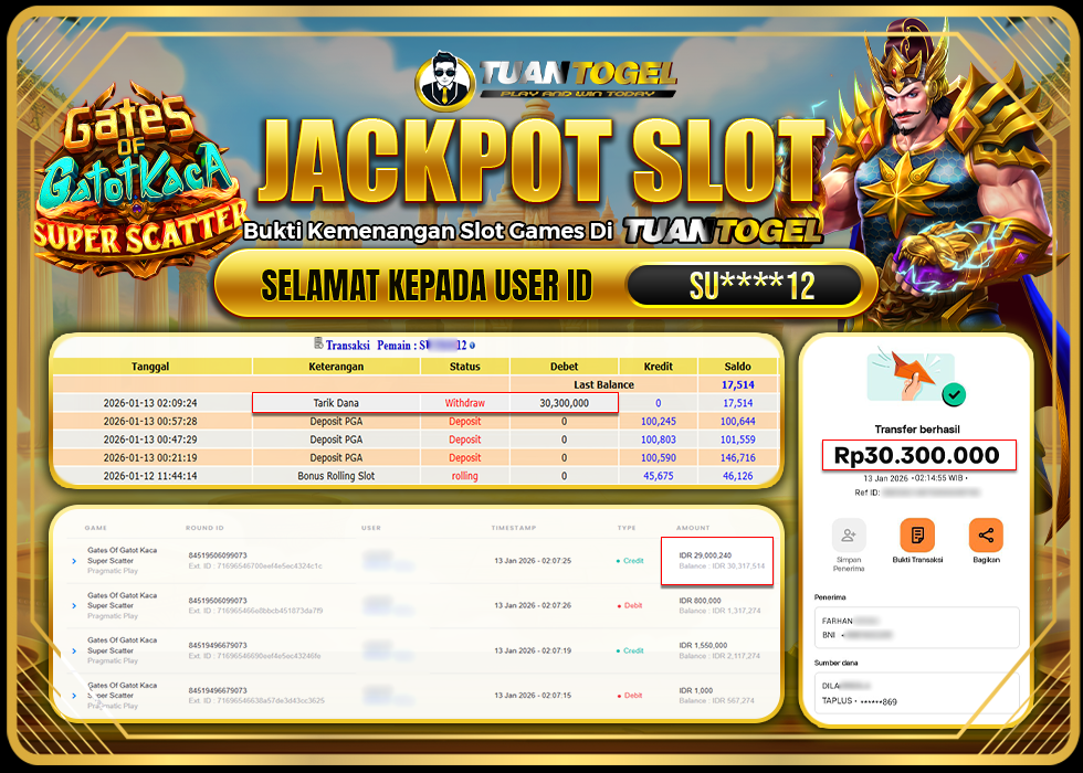 TUANTOGEL JACKPOT SLOT GATES OF GATOT KACA SUPER SCATTER  Rp30.300.000, - LUNAS
